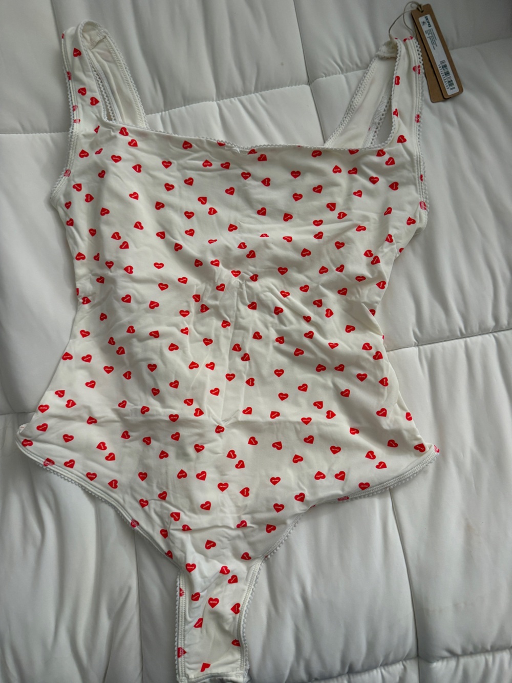 SKIMS White Bodysuit with Red Heart Print